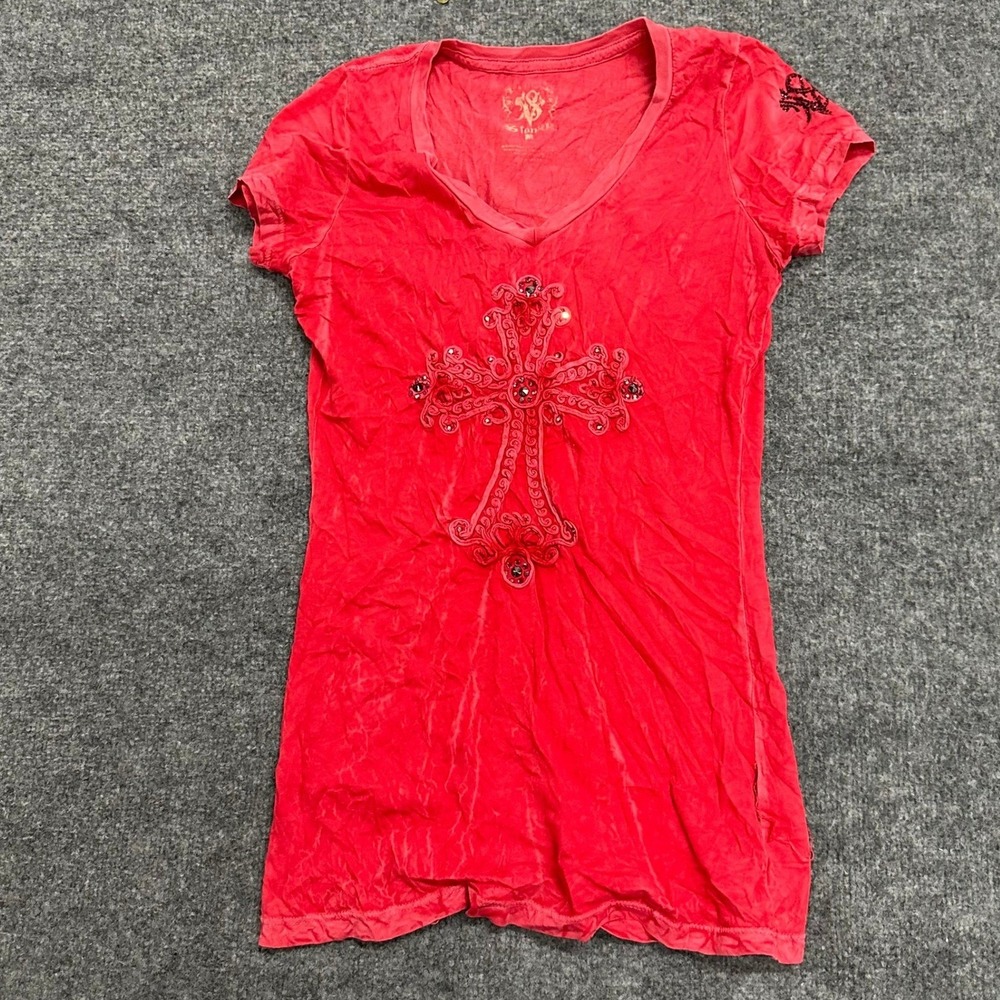 Stone Rose T-Shirt Womens Size M Red Sequin Cross Embellished V-Neck Slim Fit
